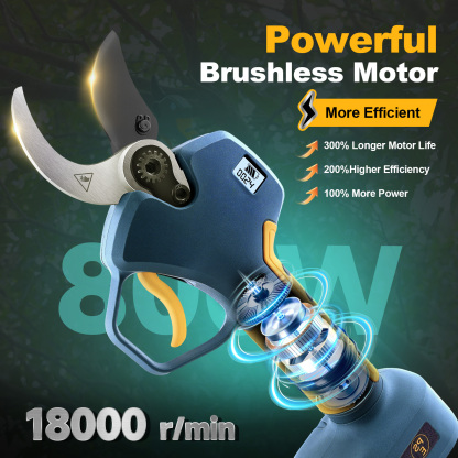 Experience rapid cutting with 800 W brushless power – low-vibration, long-life motor inside compact electric pruning shears