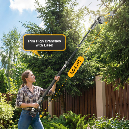 Woman effortlessly trimming 9.2 ft high branches with lightweight telescopic pole pruner – battery-powered electric shears for safe, ladder-free garden maintenance