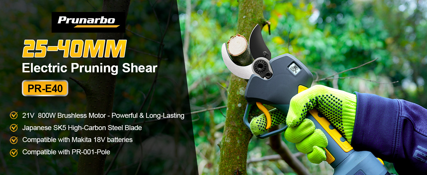 {"default":"Prunarbo PR-E40 electric pruning shear cutting 40 mm branch – 21 V brushless cordless pruner with SK5 blade for vineyard and garden use"}
