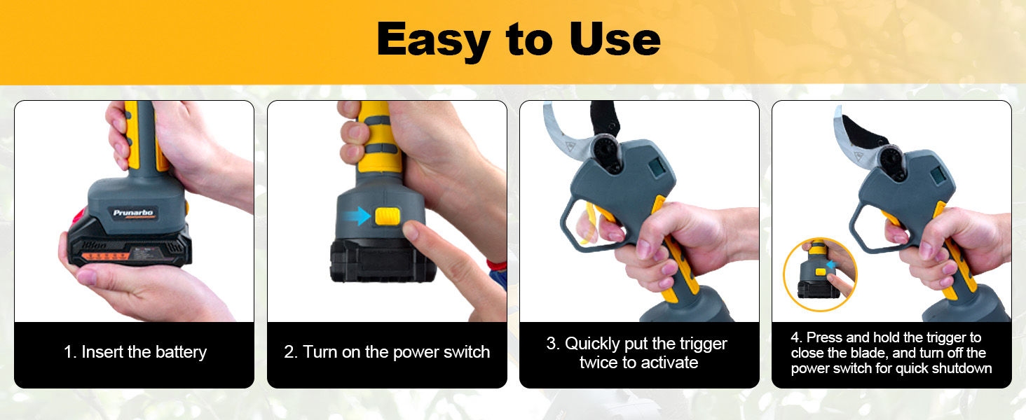 {"default":"Four-step quick-start guide: insert battery, 3-second power-on, press trigger, and begin cutting with PR-E40 cordless pruning shears"}
