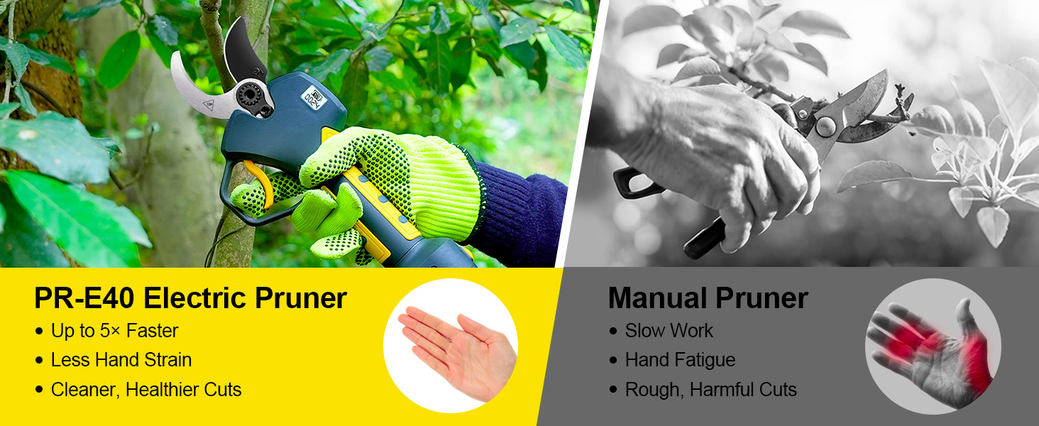 {"default":"Electric vs manual pruner comparison – PR-E40 delivers smooth, effortless cuts while traditional shears cause hand fatigue and blisters"}

