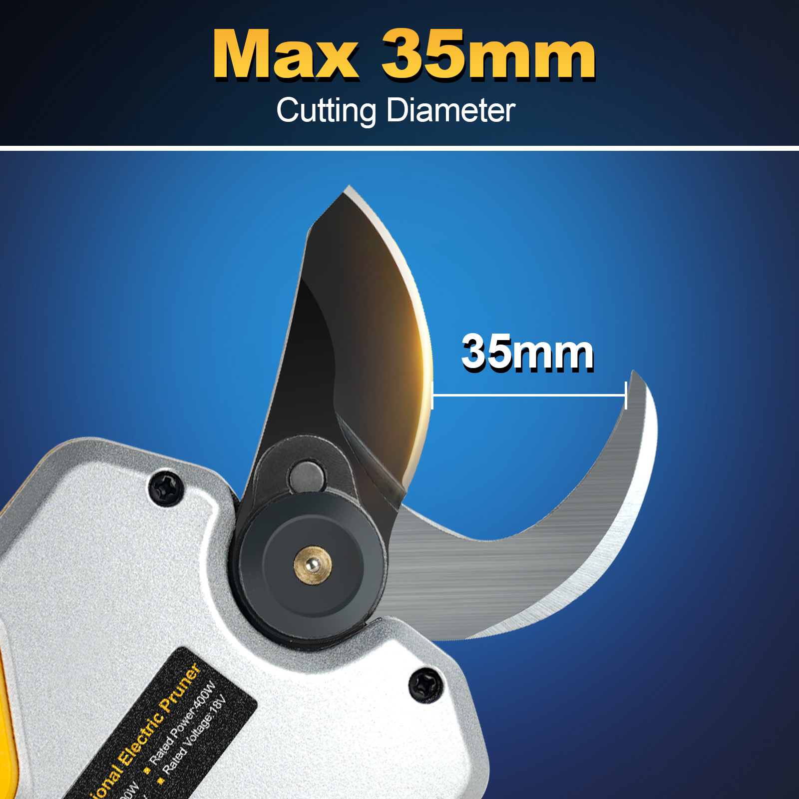 Prunarbo PR-D35 electric pruning shears max 35mm cutting diameter specification, professional garden tool for cutting thick branches up to 35mm, cordless pruner for landscaping