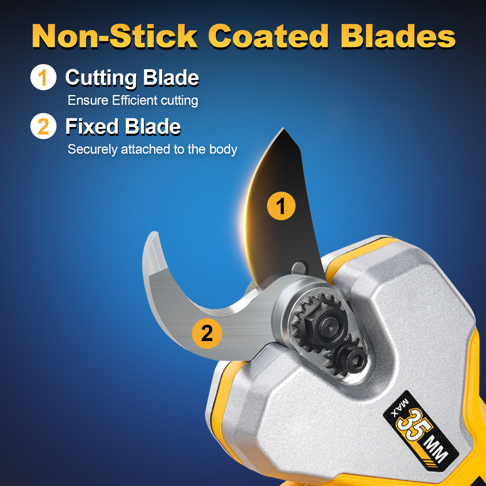 Prunarbo PR-D35 electric pruner non-stick coated blades diagram: 1. Cutting Blade for efficient cutting, 2. Fixed Blade securely attached to the pruner body, replacement parts for cordless pruning shears