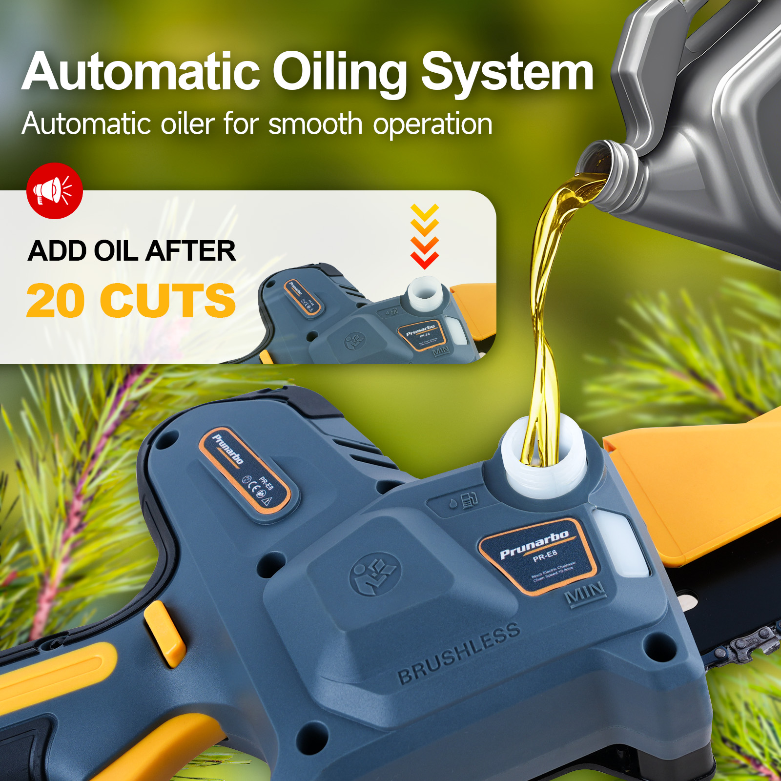 21V 8Inch Mini Chain Saw Battery Powered Electric Chainsaw with 2Pack 4000mAh Batteries-- Prunarbo PR-E8