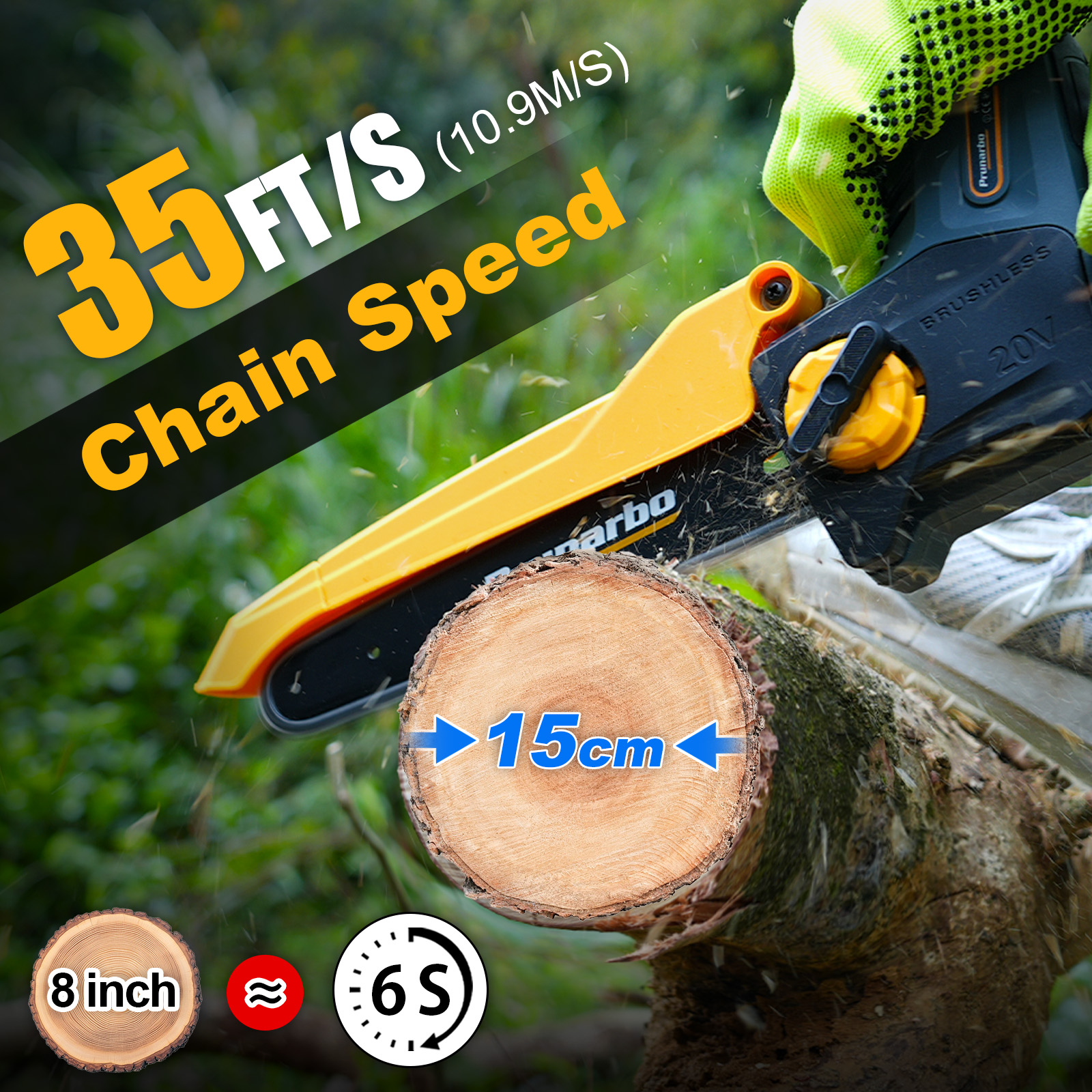 35 ft/s chain speed mini chainsaw demonstration, 6-second 8-inch wood cutting test, high-efficiency cordless pruning saw for storm cleanup and fallen limb processing