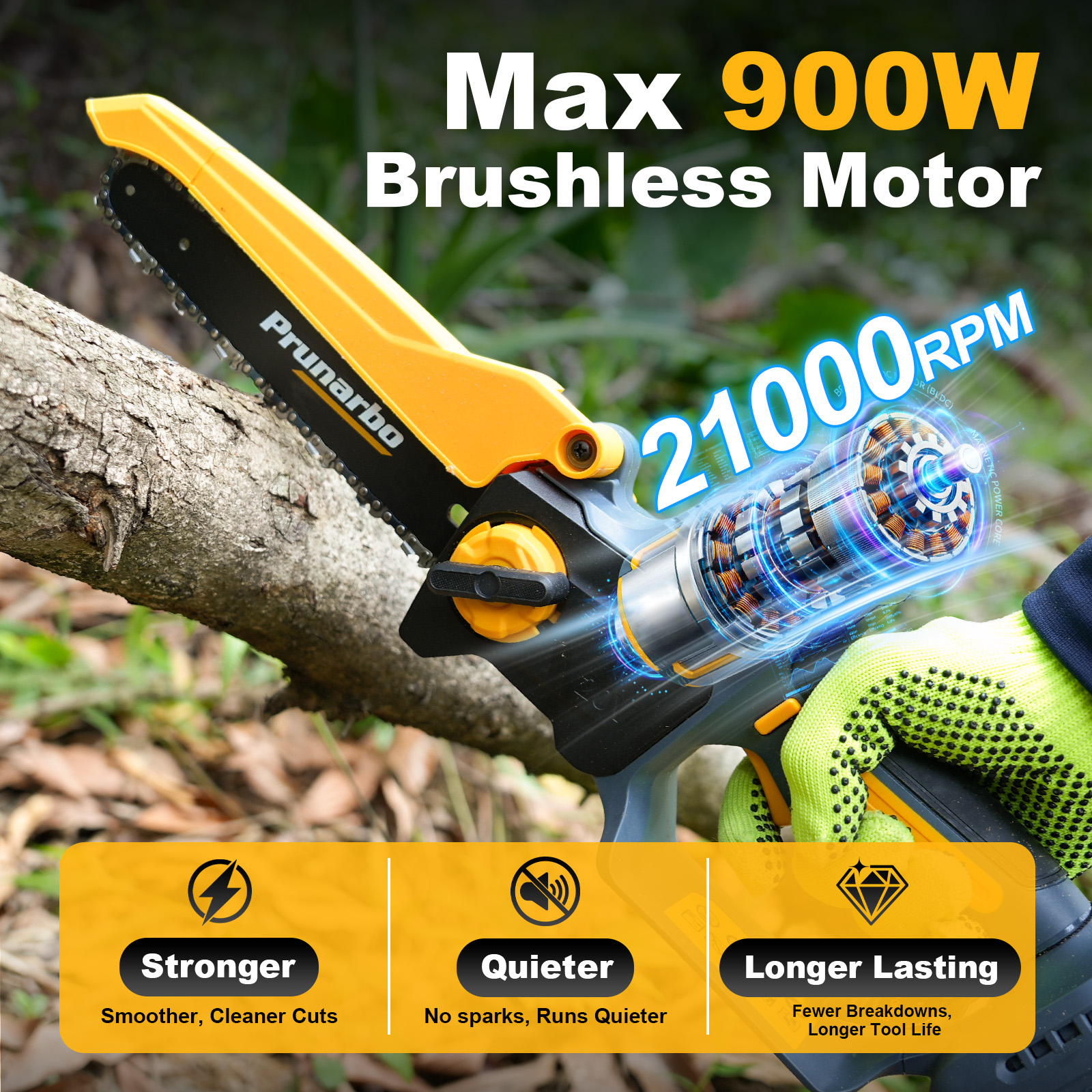Prunarbo 900W brushless mini chainsaw motor close-up, high-torque cordless pruning saw for thick branch cutting, professional garden tool power system