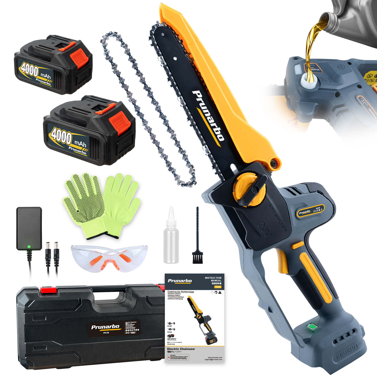 21V 8Inch Mini Chain Saw Battery Powered Electric Chainsaw with 2Pack 4000mAh Batteries-- Prunarbo PR-E8