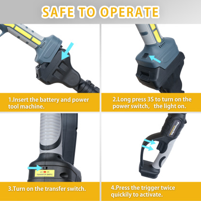 Four-step safety guide: insert battery, 3-second power-on, flip transfer switch, and double-press trigger to activate Prunarbo pole pruner