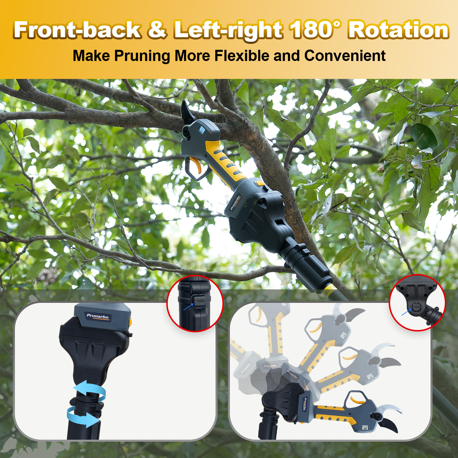 Electric pruning shear head rotates 180° front-back and left-right for flexible cutting angles – ergonomic articulating joint for tight or overhead branches