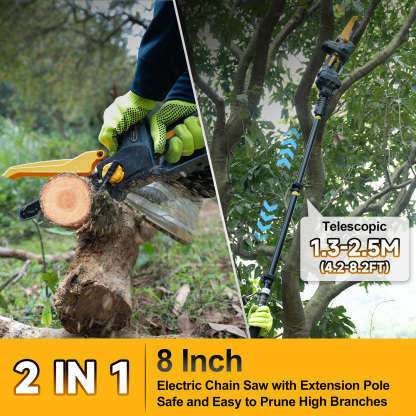 21V 8Inch Mini Chain Saw Battery Powered with Extension Pole -- Prunarbo PR-E8-Set