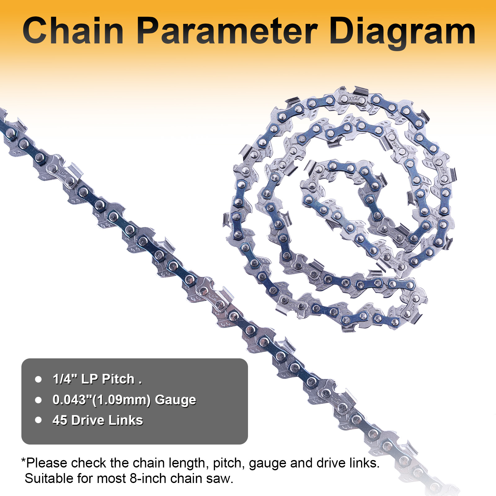 8 Inch Chainsaw Chain Replacement, 45 Drive Links .043" Gauge 1/4" LP Pitch Low-Kickback Fits Prunarbo PR-E8 8Inch Mini Electric Hand Saw Cordless for Wood Cutting Trimming Gardening Tool