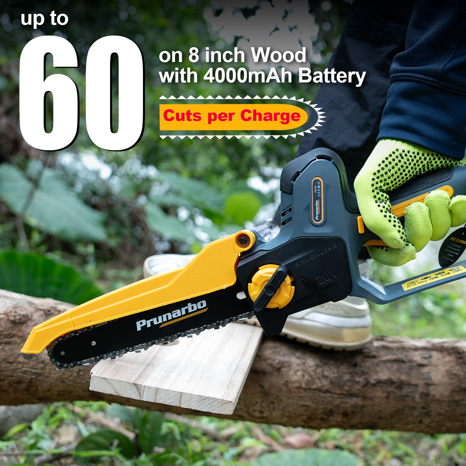 21V 8Inch Mini Chain Saw Battery Powered Electric Chainsaw with 2Pack 4000mAh Batteries-- Prunarbo PR-E8