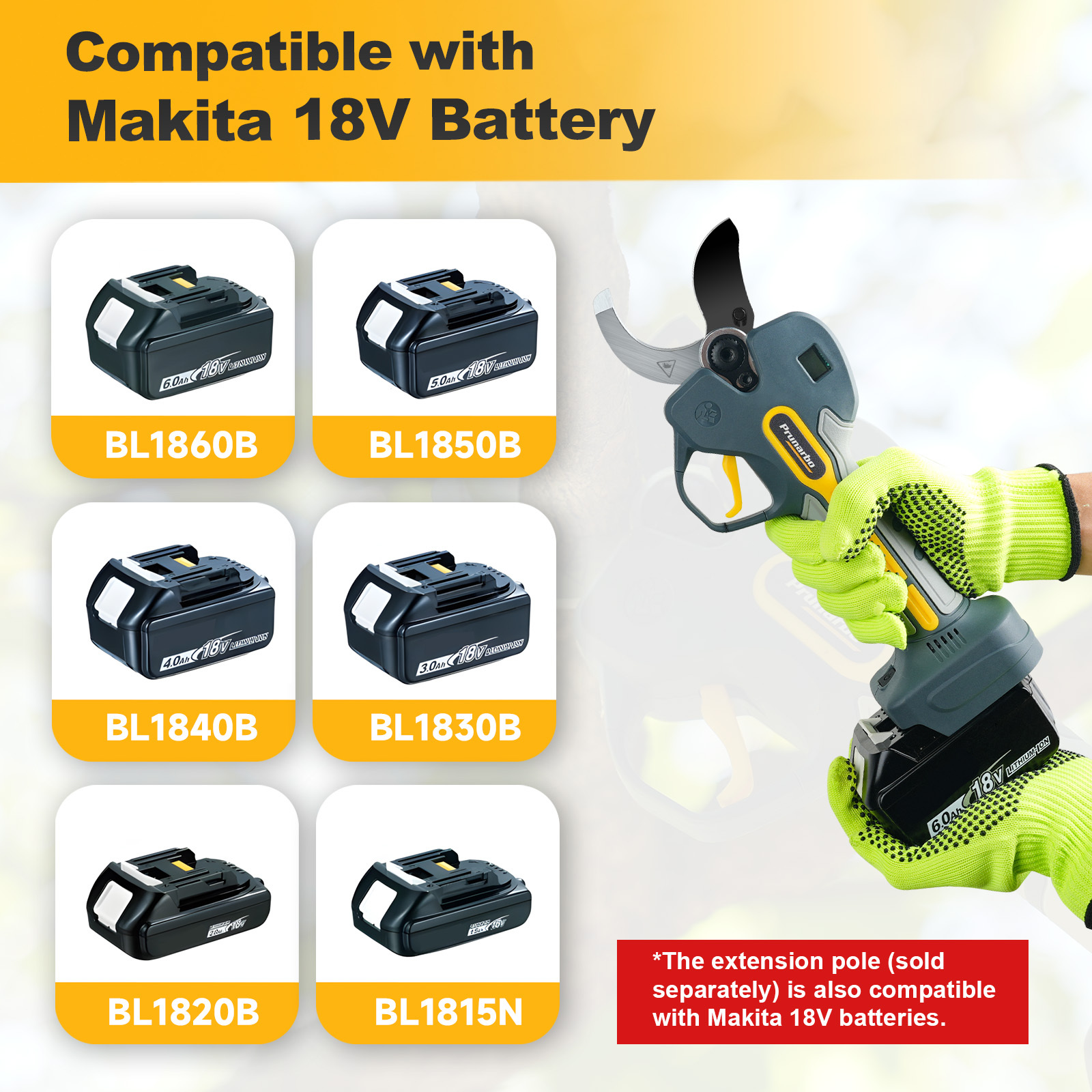 Compatibility of cordless shears with various Makita 18V batteries, enhancing versatility for gardening tasks.