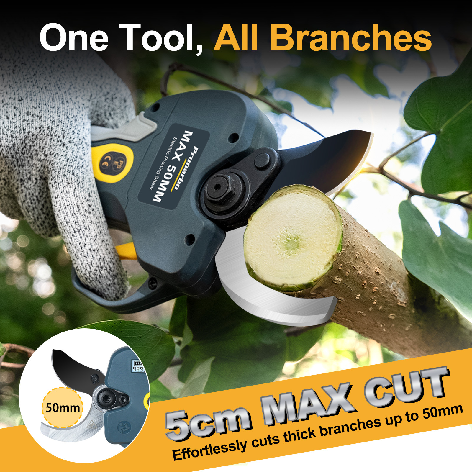 Heavy-duty pruning tool designed for cutting thick branches up to 50mm, with a robust cutting mechanism and user-friendly handle.