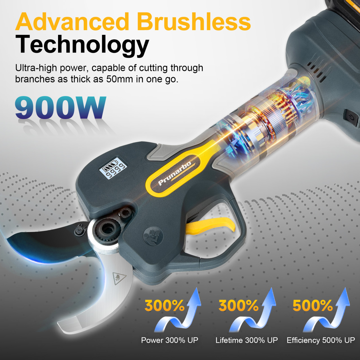 Advanced 900W brushless motor shears for powerful and efficient branch cutting, enhancing gardening productivity.