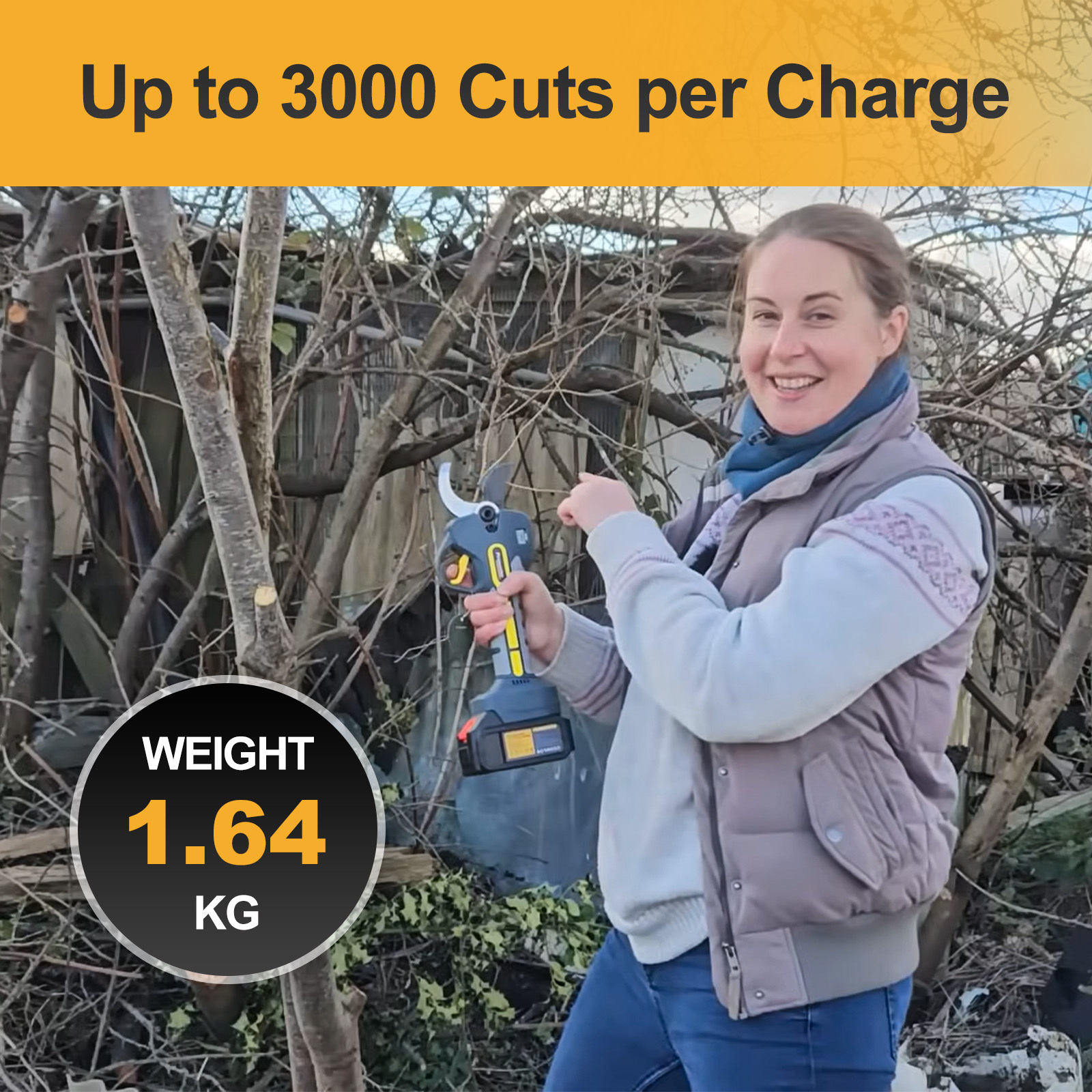 Cordless electric pruner with a lightweight design of 1.64 KG, capable of up to 3000 cuts per charge, ideal for heavy-duty gardening tasks.