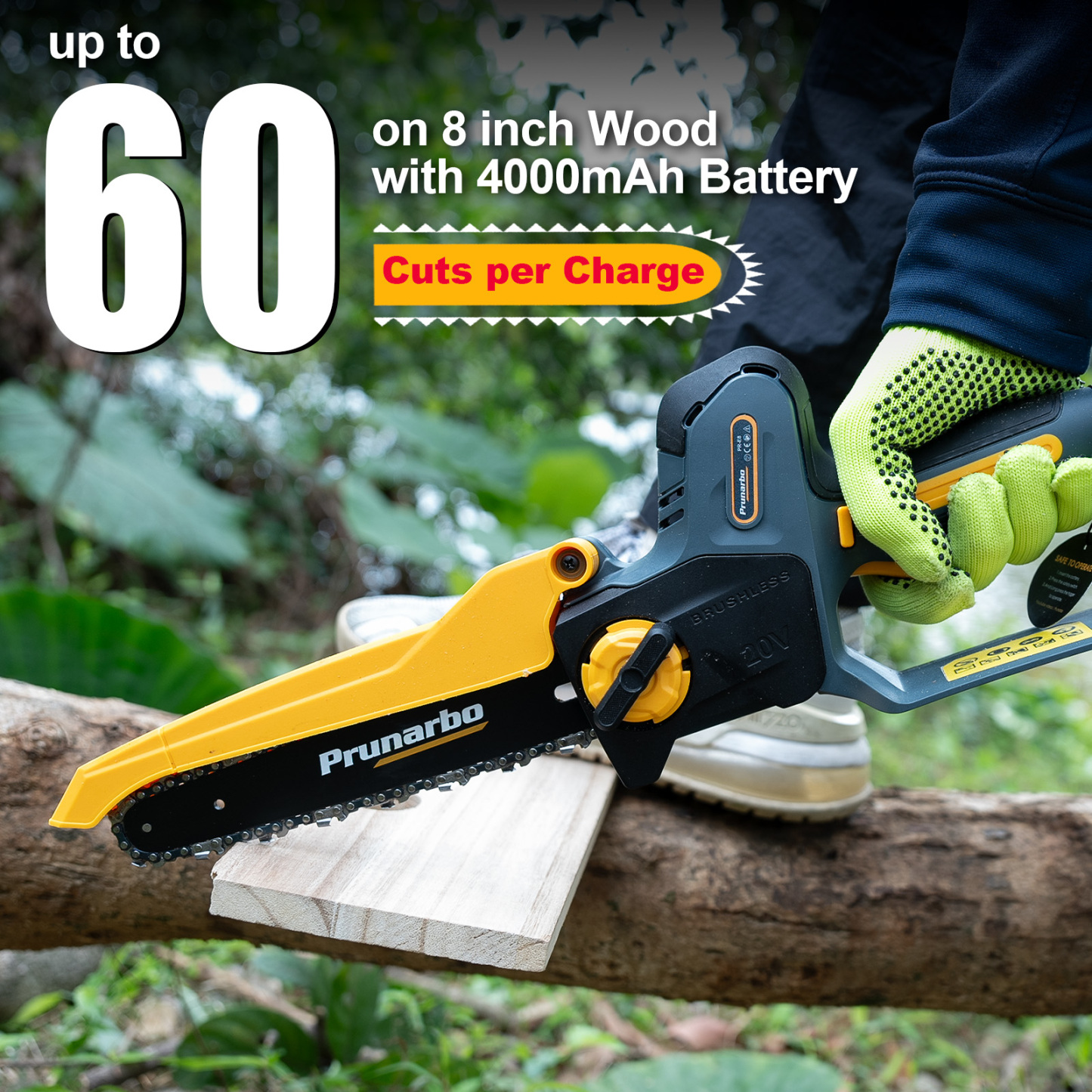 21V 8Inch Mini Chain Saw Battery Powered Electric Chainsaw with 2Pack 4000mAh Batteries-- Prunarbo PR-E8