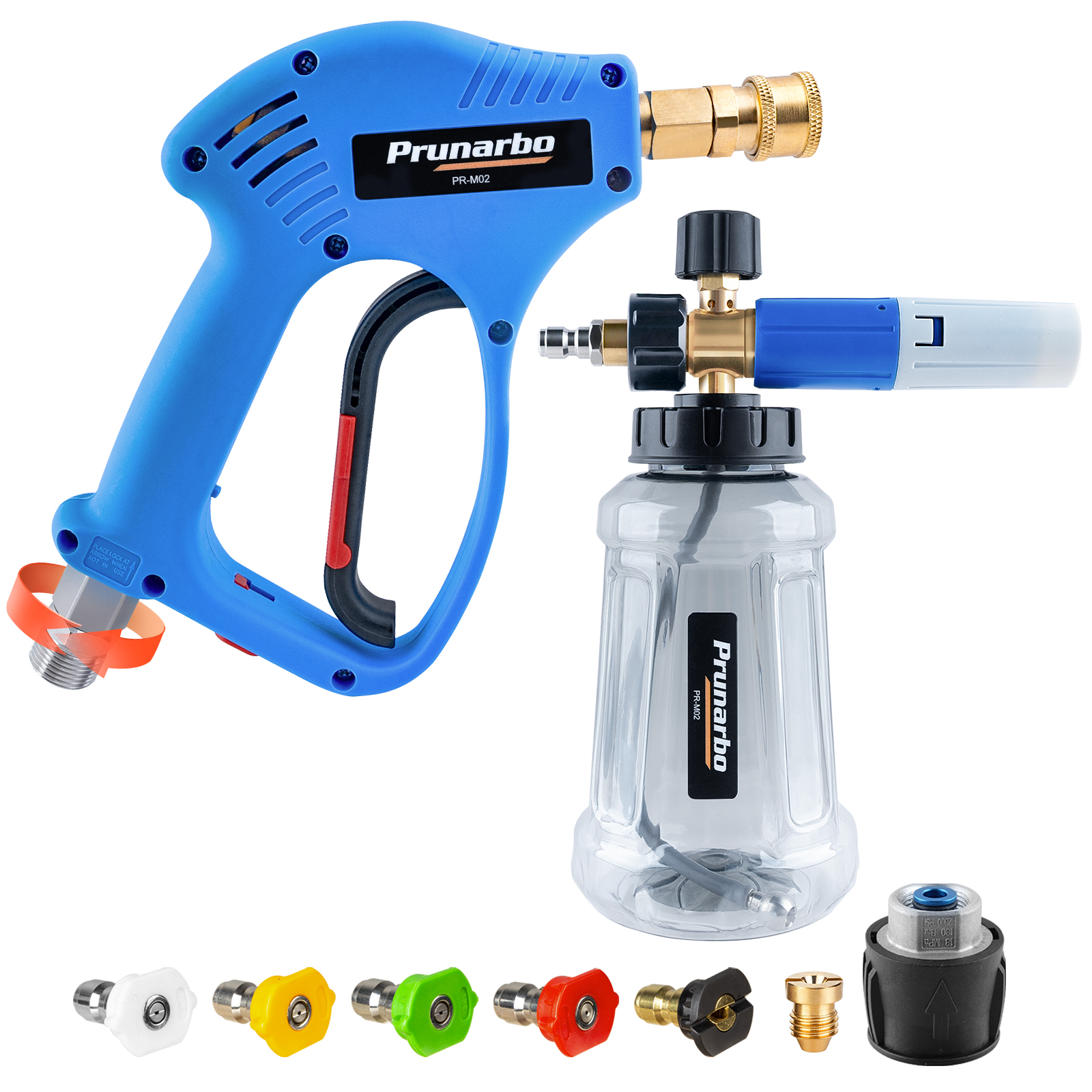 Prunarbo Foam Cannon Kit with Short Pressure Washer Gun 1/4 Inch Quick Connector , 5650PSI with 5 Nozzles M22-14mm Fitting Compatible with Bosh Nilfisk