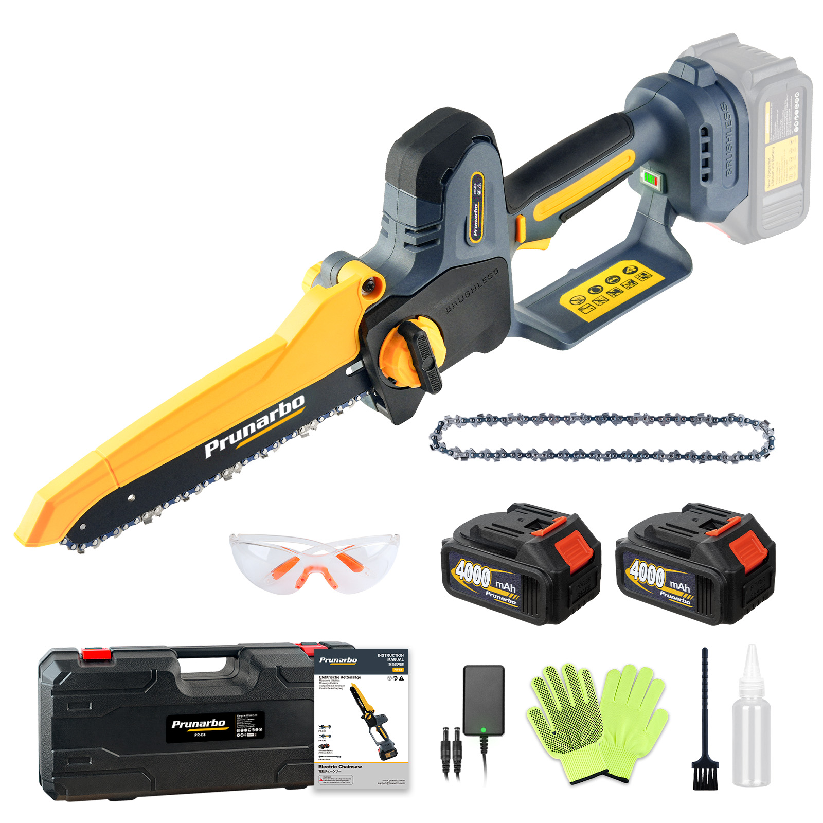 PR-E8 Full Kit -- 21V 8Inch Mini Chain Saw Battery Powered Electric Chainsaw with 2Pack 4000mAh Batteries