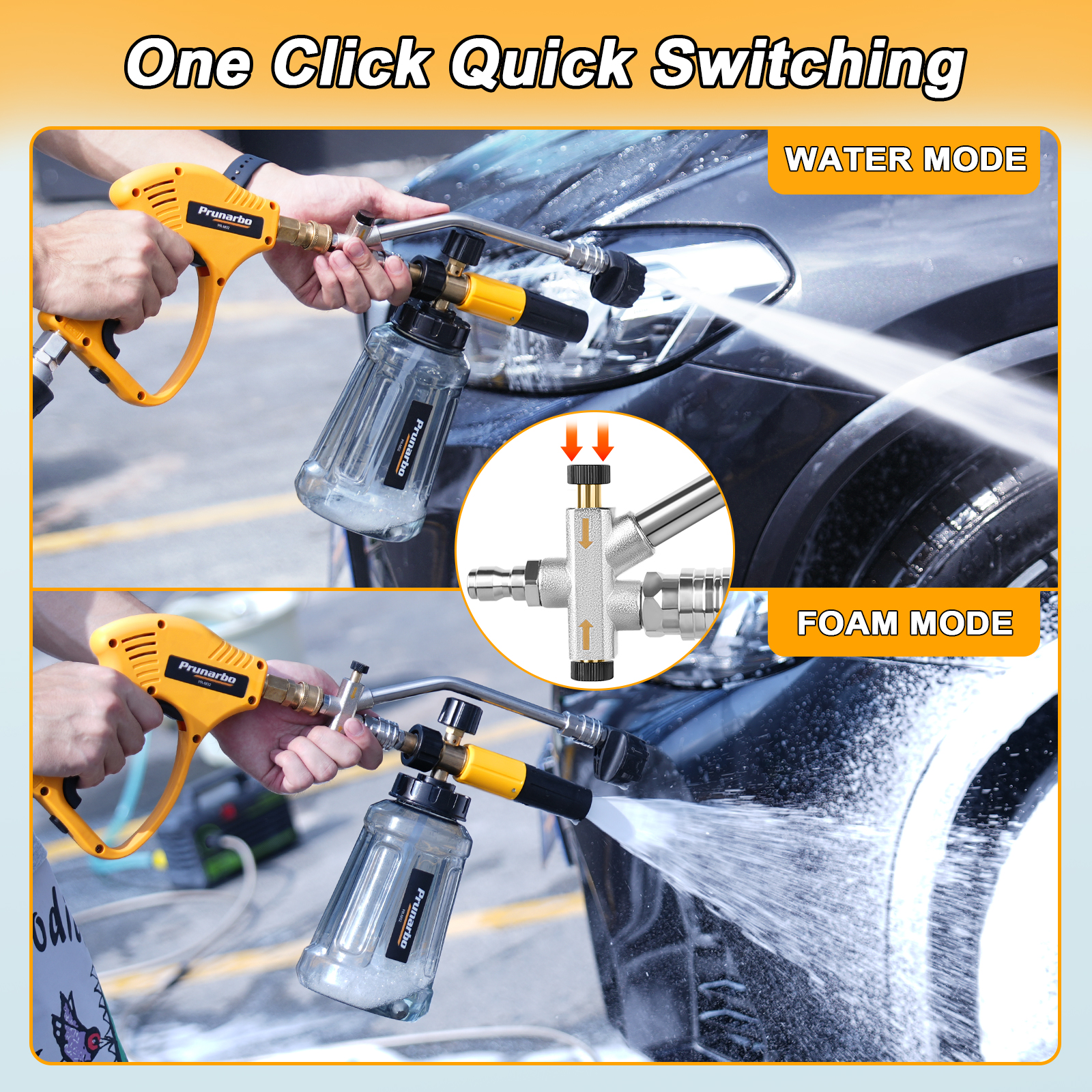 Prunarbo Foam Cannon Dual Connector Accessory,Pressure Washer Double Tip Attachment for Foam Blaster with 5 Power Washer Sprayer Nozzles, 1/4" Quick Connect