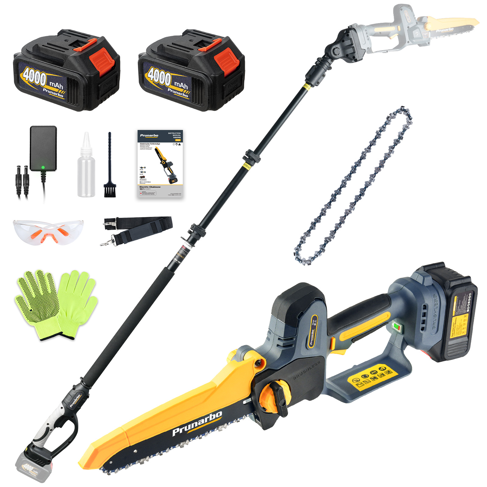 PR-E8 + Extension Pole Set -- 21V 8Inch Mini Chain Saw Battery Powered with Extension Pole