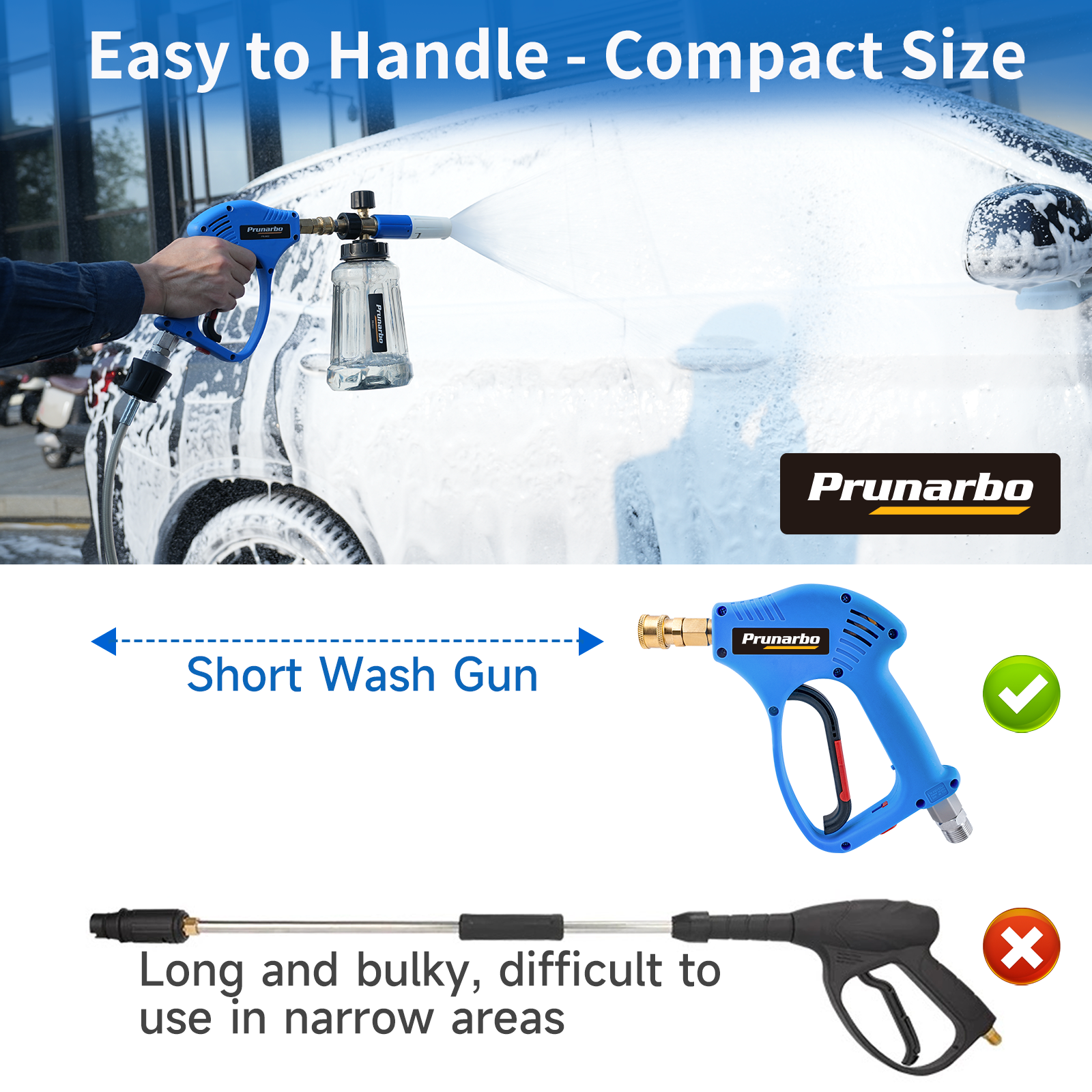 Prunarbo Foam Cannon Kit with Short Pressure Washer Gun 1/4 Inch Quick Connector , 5650PSI with 5 Nozzles M22-14mm Fitting Compatible with Bosh Nilfisk