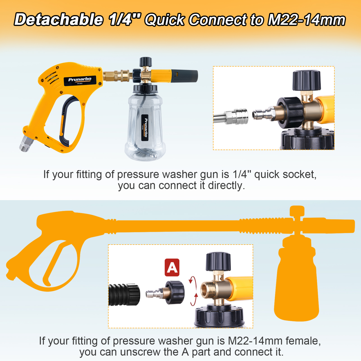 Pressure Washer Foam Cannon Gun Kit with Dual Connector Accessory Dual-Purpose Switch Spray Gun 1/4" Quick Connect 5650PSI 5 Nozzles M22-14mm M22-15mm Fitting Additional 1.1mm Orifice
