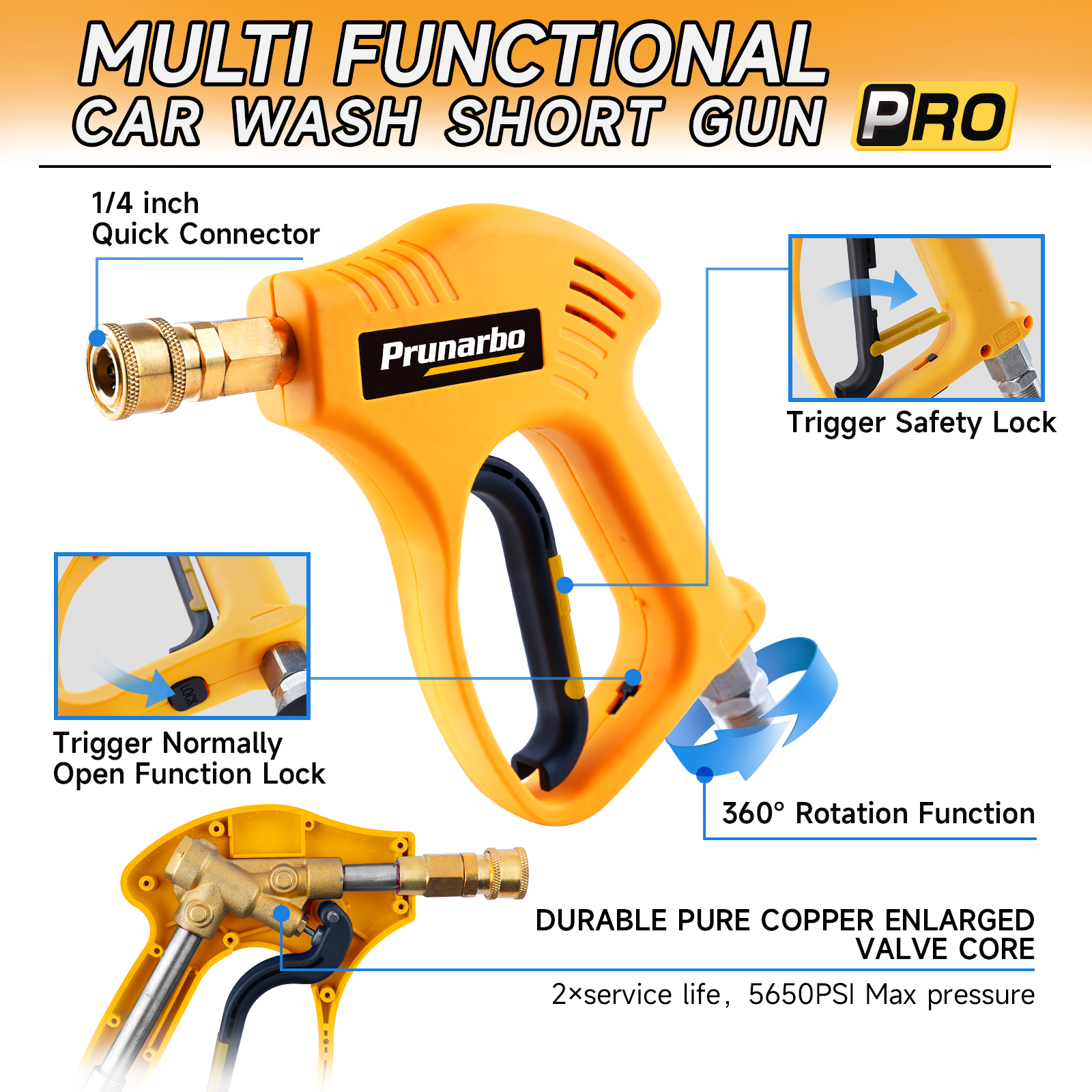Short Pressure Washer Gun with 360° Swivel, Commercial 5650 PSI / 8 GPM with 5 Nozzle Tips M22 14MM & M22 15MM Connect Sturdy Design