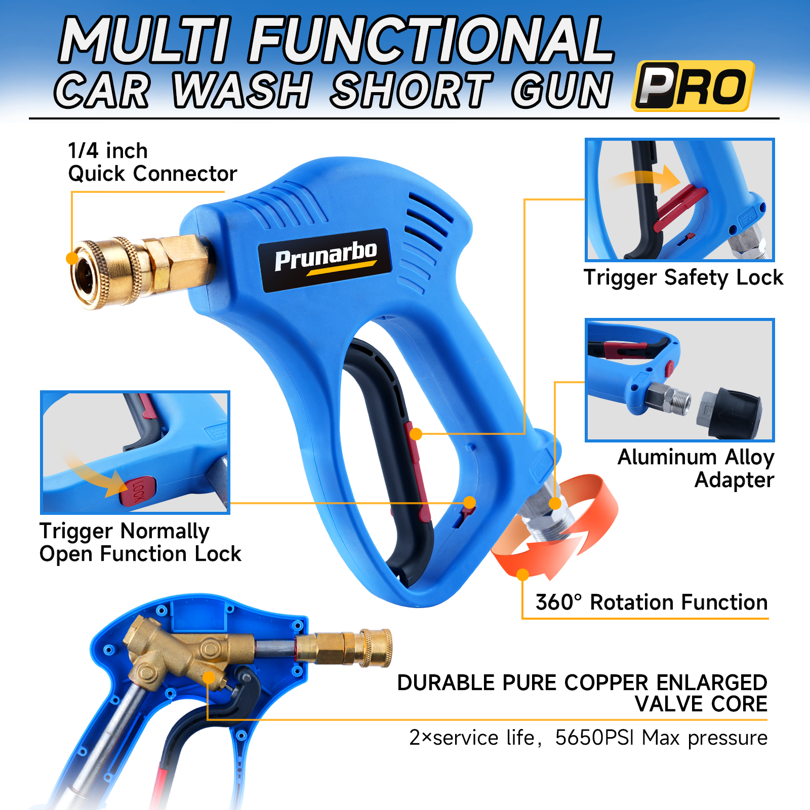 Prunarbo Foam Cannon Kit with Short Pressure Washer Gun 1/4 Inch Quick Connector , 5650PSI with 5 Nozzles M22-14mm Fitting Compatible with Bosh Nilfisk