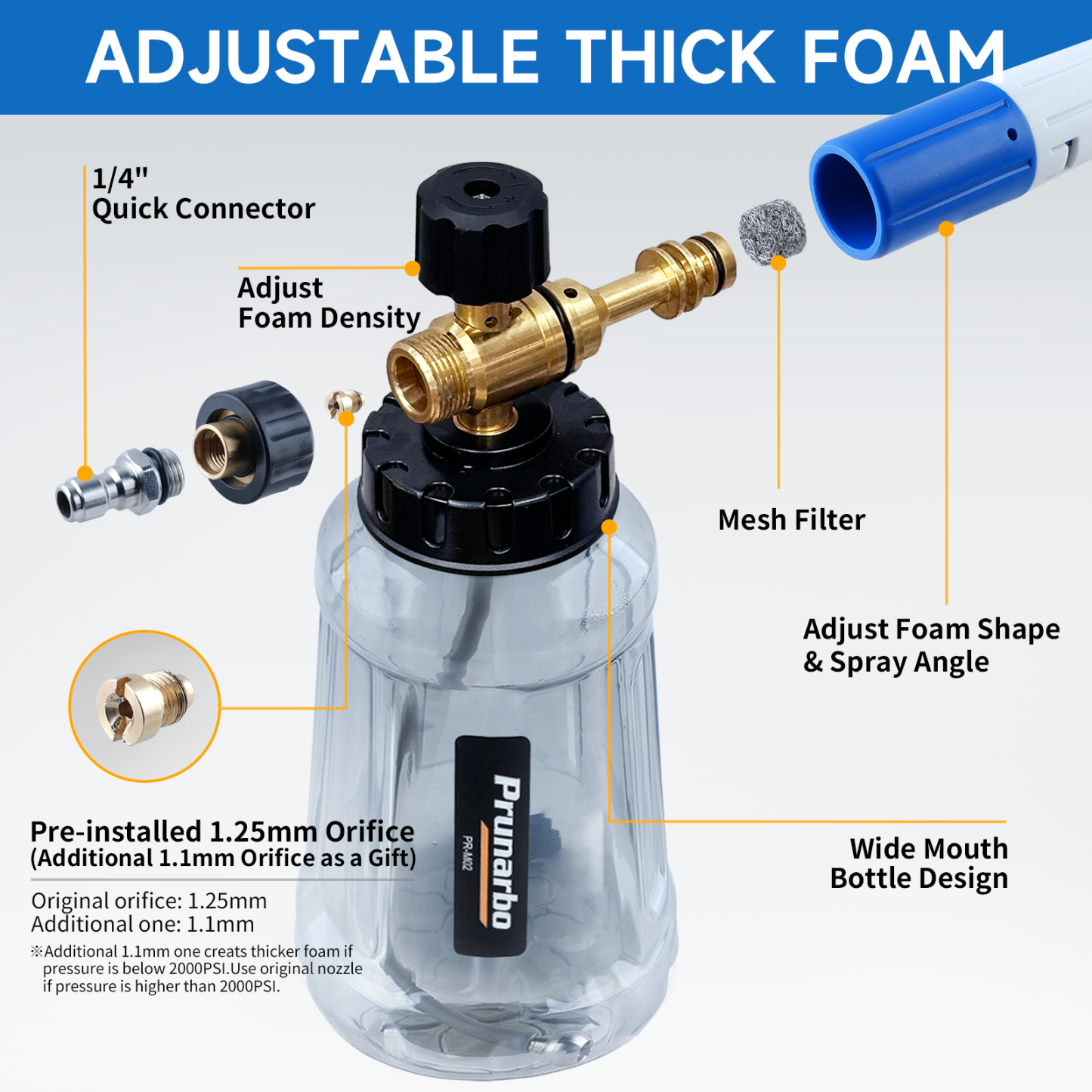 Prunarbo Foam Cannon Kit with Short Pressure Washer Gun 1/4 Inch Quick Connector , 5650PSI with 5 Nozzles M22-14mm Fitting Compatible with Bosh Nilfisk