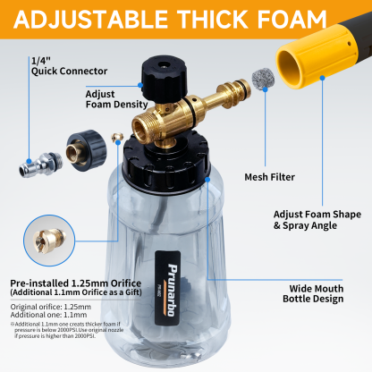 Snow Foam Cannon for Pressure Washer with 1/4” Quick Connector 5PCS Nozzle Tips -- Prunarbo PR-M02