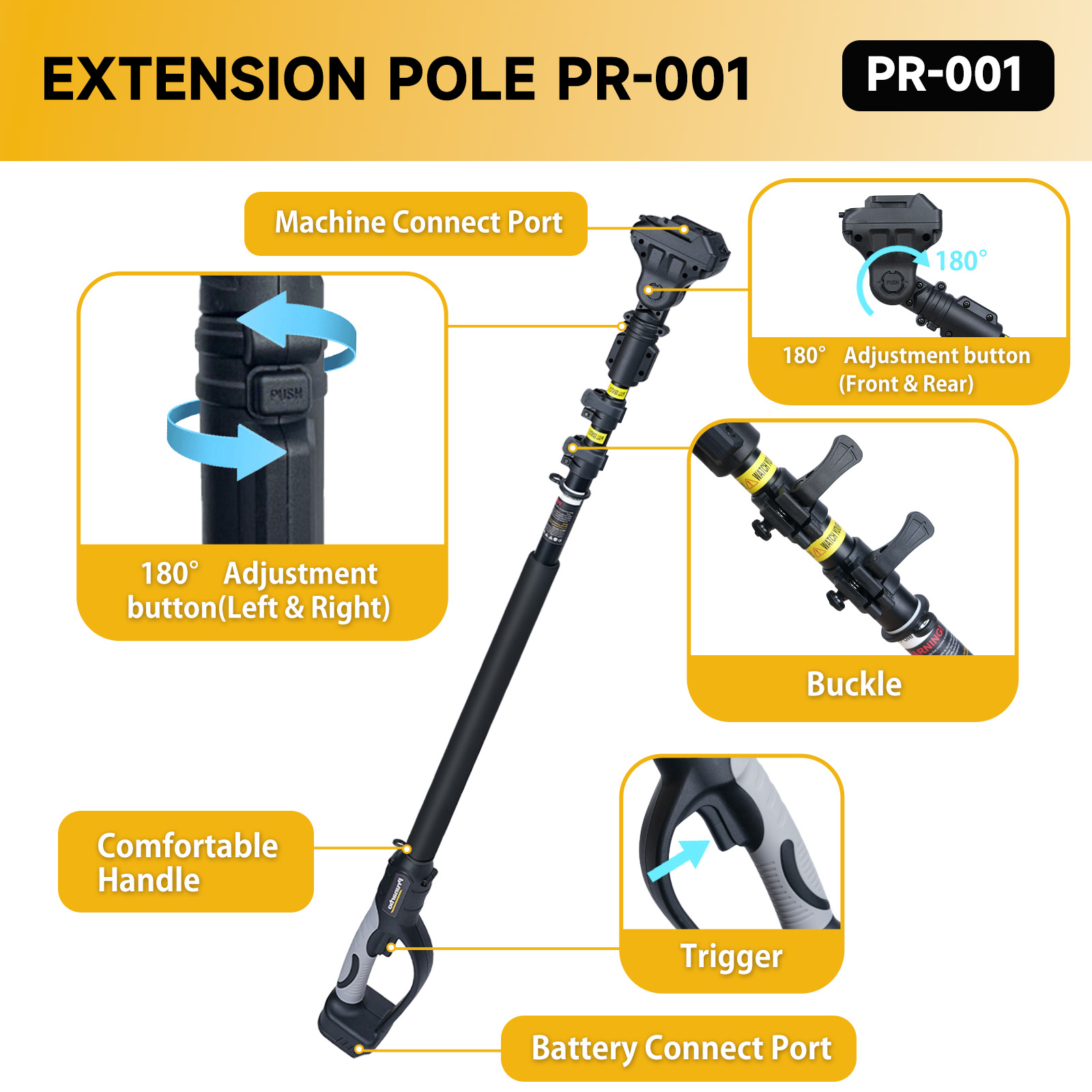 Detailed features of the PR-001 extension pole, including machine connect port, 180° adjustment buttons, buckle, comfortable handle, trigger, and battery connect port.
