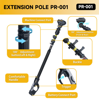 Detailed features of the PR-001 extension pole, including machine connect port, 180° adjustment buttons, buckle, comfortable handle, trigger, and battery connect port.