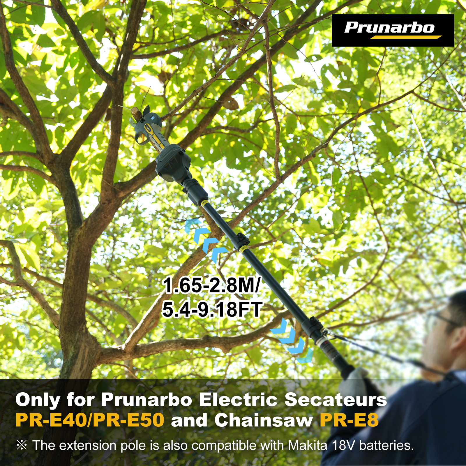 Prunarbo PR-001 extension pole in use, adjustable from 1.65 m to 2.8 m for safe high-branch pruning with PR-E40/E50 secateurs and PR-E8 chainsaw