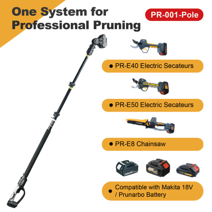 Modular pruning system: PR-001 pole pairs with PR-E40/E50 electric secateurs, PR-E8 chainsaw, and Makita 18 V batteries for all-in-one garden maintenance