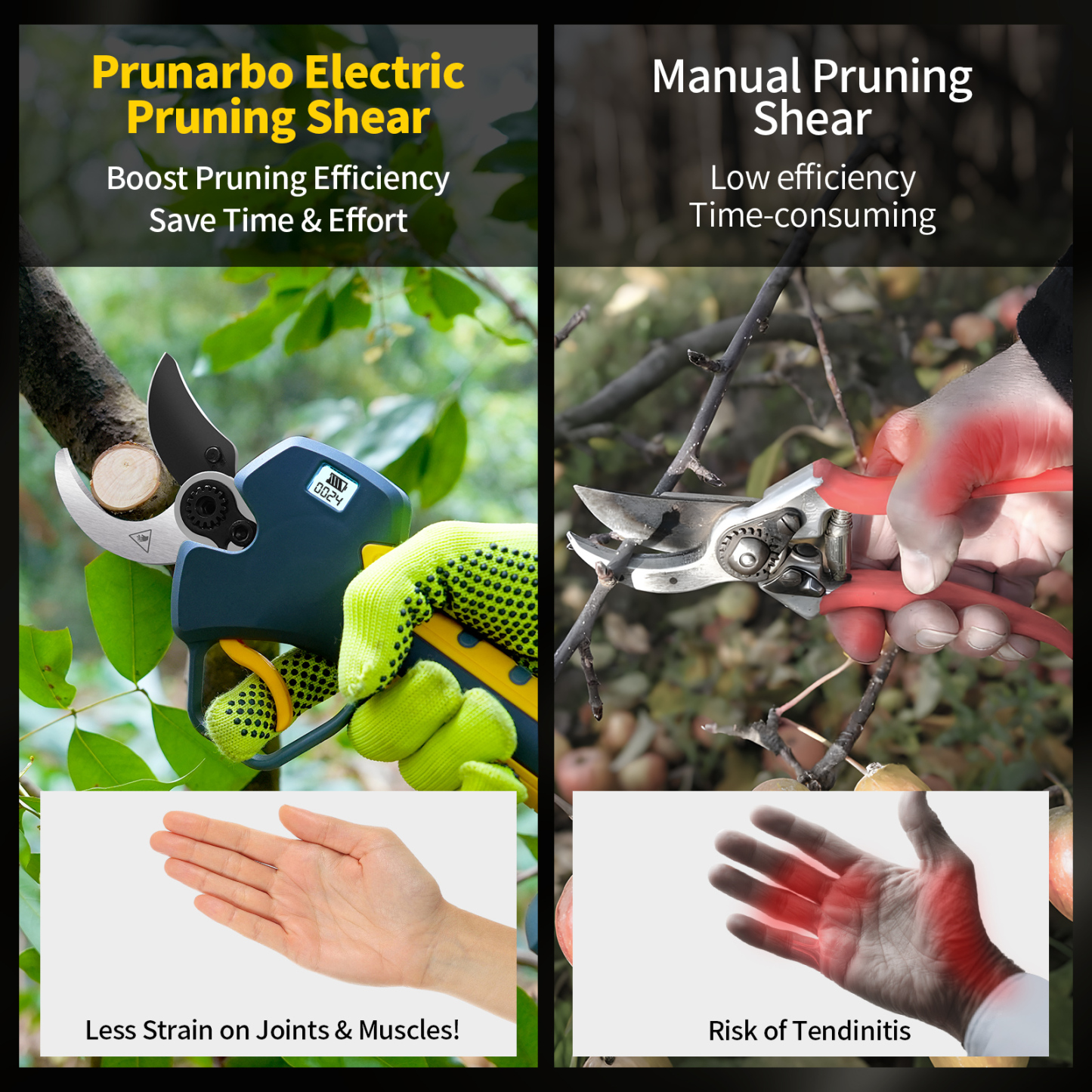 Upgrade from manual to battery power – electric pruning shears eliminate tendinitis risk and cut pruning time in half