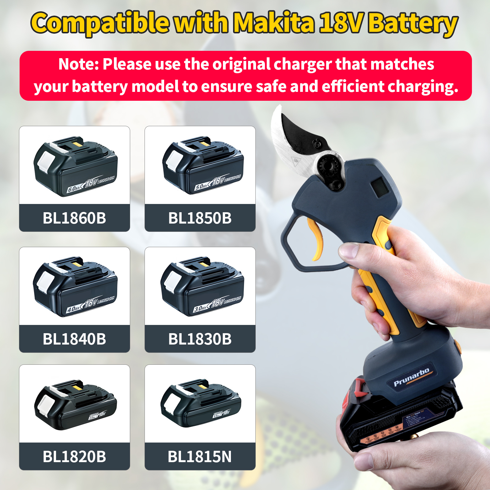 Prunarbo cordless pruning shears compatible with Makita 18 V batteries – fits BL1860B, BL1850B, BL1840B, BL1830B, BL1820B, BL1815N for flexible power options