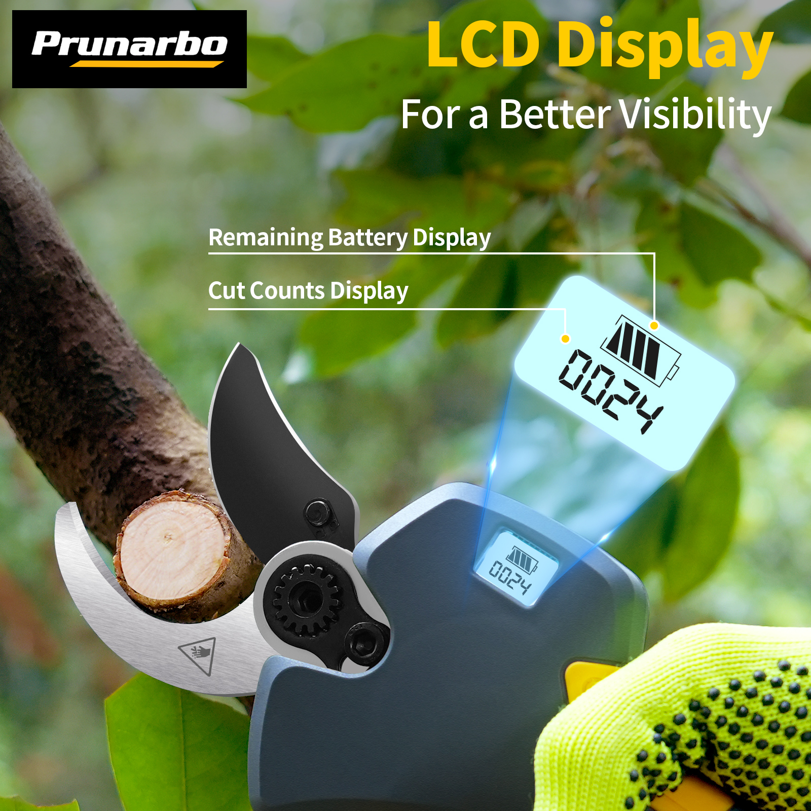 Real-time digital monitor shows 0024 cuts and 3-bar battery – smart feedback on cordless electric pruner for efficient workflow