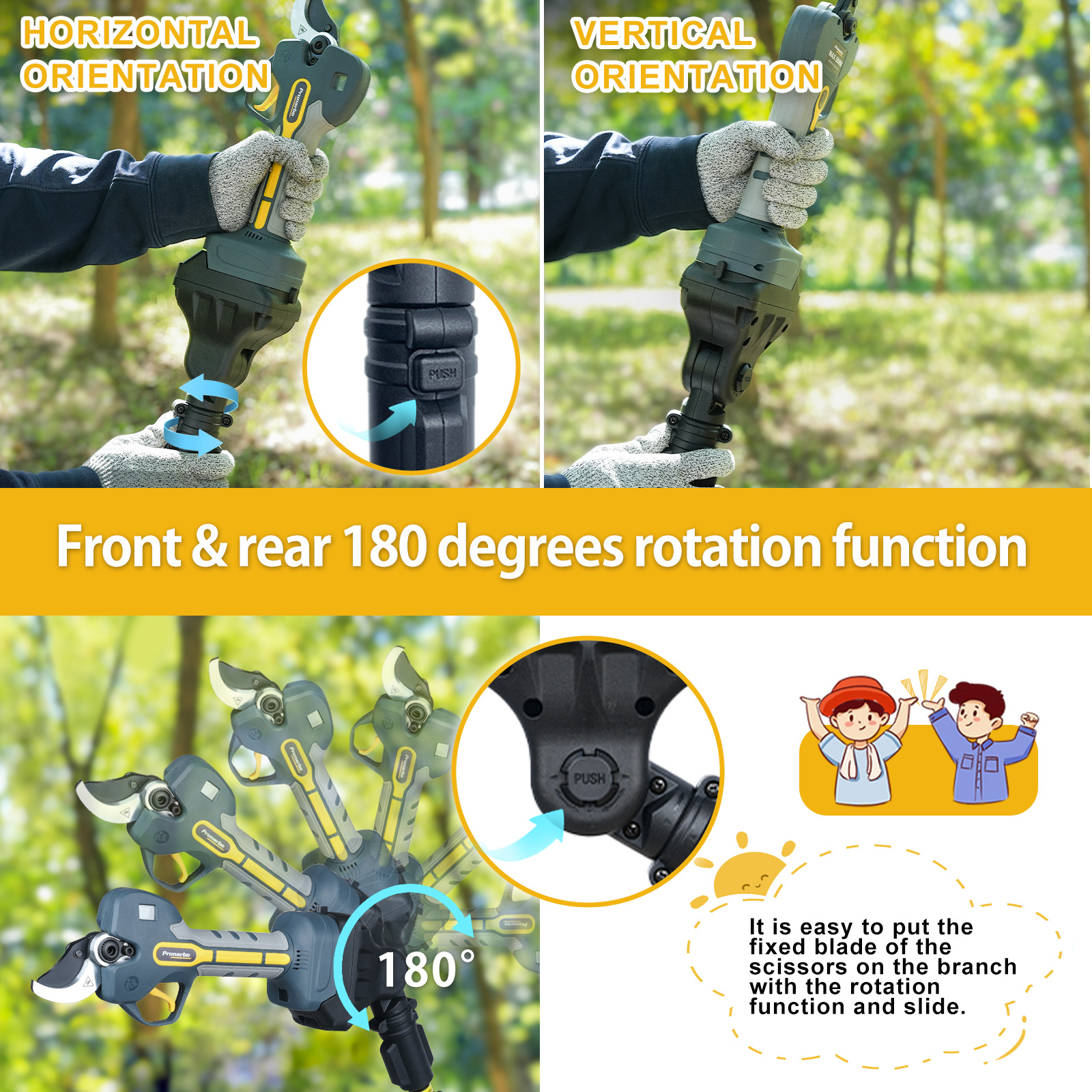Demonstration of 180° front-rear and left-right rotation on Prunarbo pole pruner for flexible horizontal and vertical cutting angles