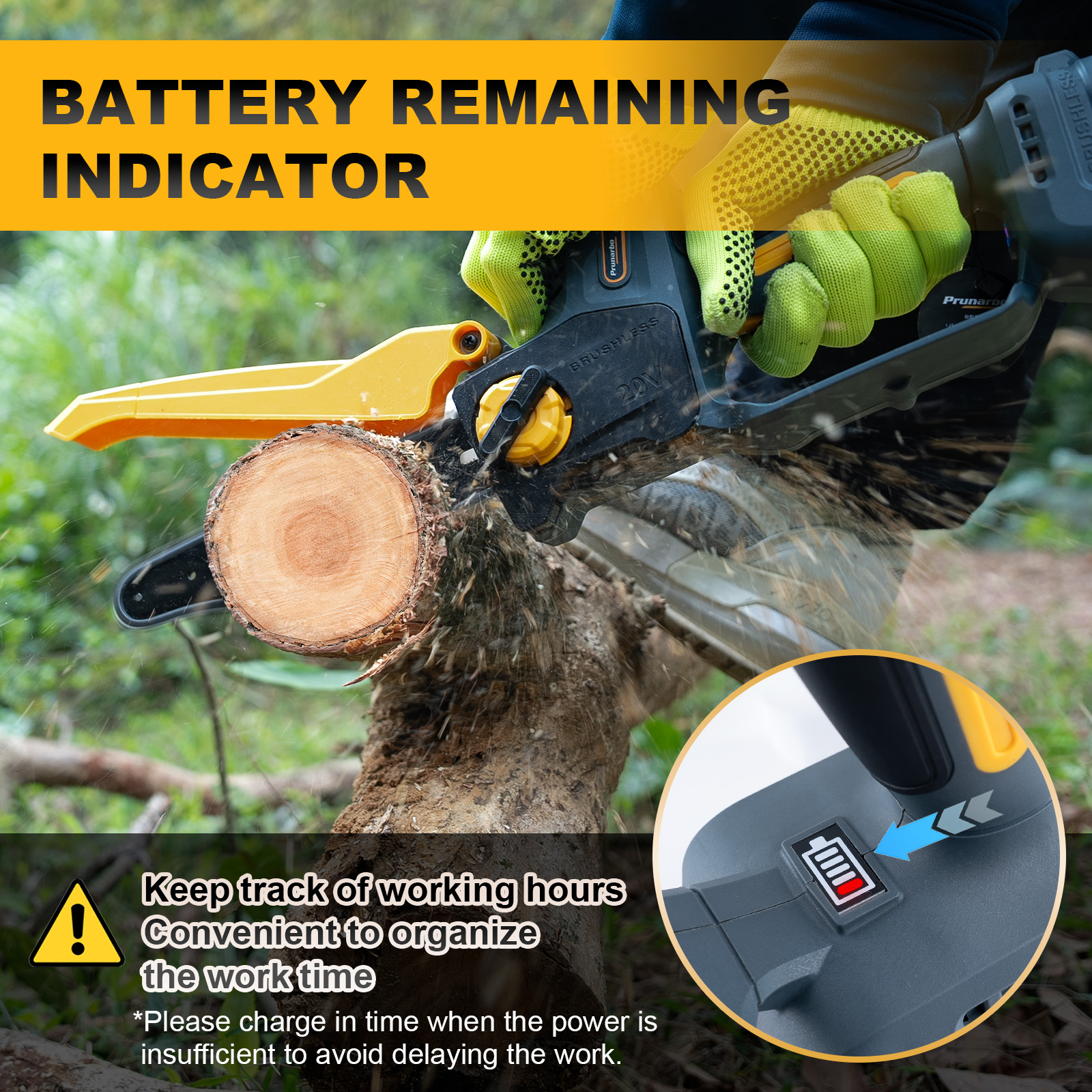 Real-time battery alert prevents mid-cut shutdown, finish-the-job power confidence for contract pruners, deadline-meeting cordless saw for professional tree service