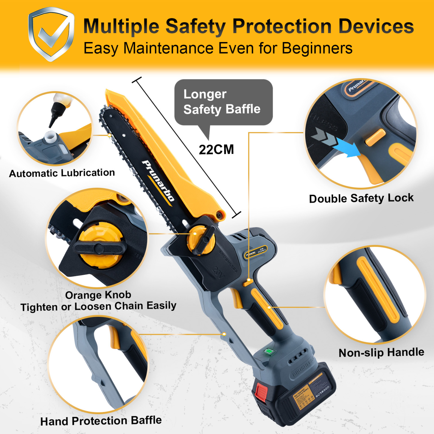 21V 8Inch Mini Chain Saw Battery Powered Electric Chainsaw with 2Pack 4000mAh Batteries-- Prunarbo PR-E8