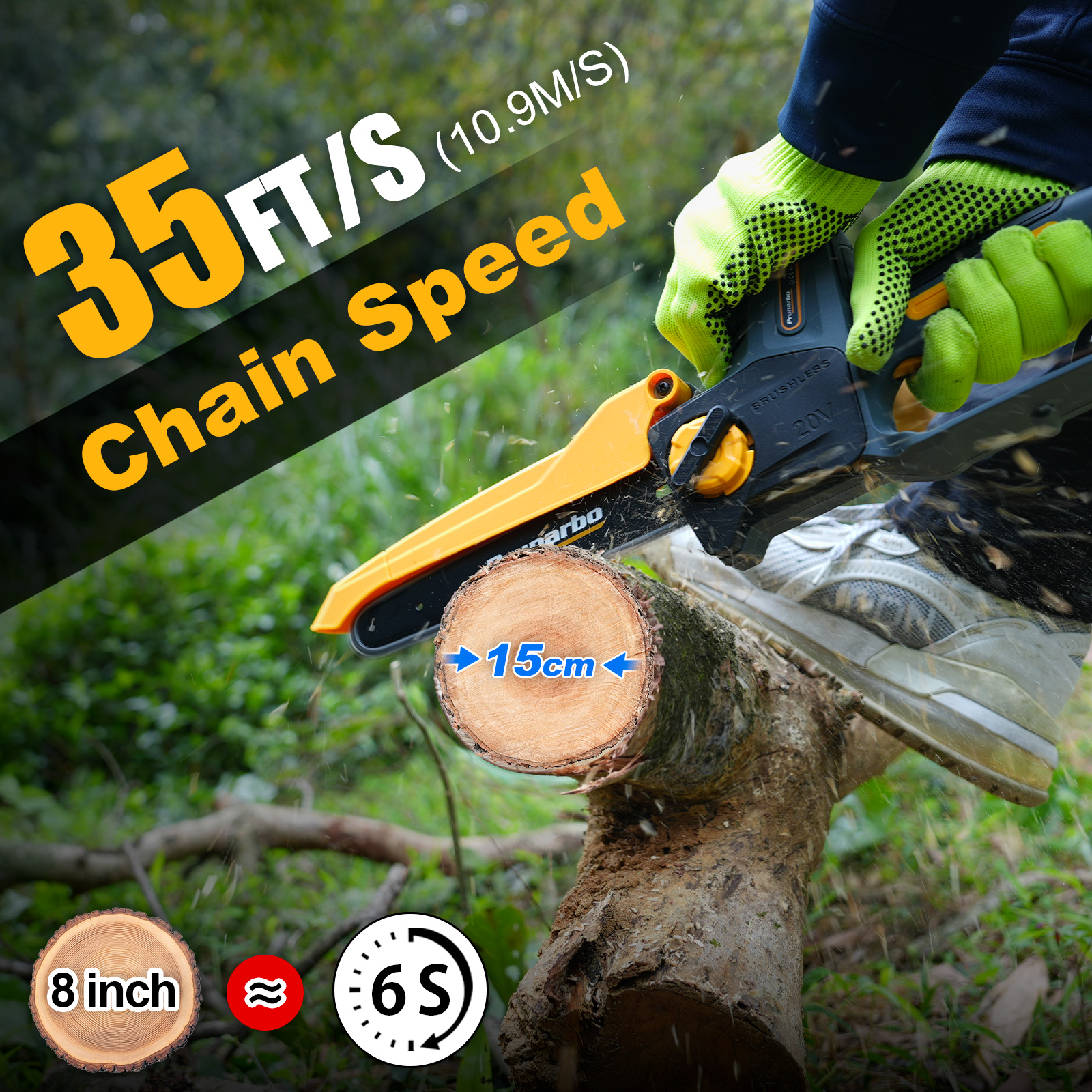21V 8Inch Mini Chain Saw Battery Powered Electric Chainsaw with 2Pack 4000mAh Batteries-- Prunarbo PR-E8