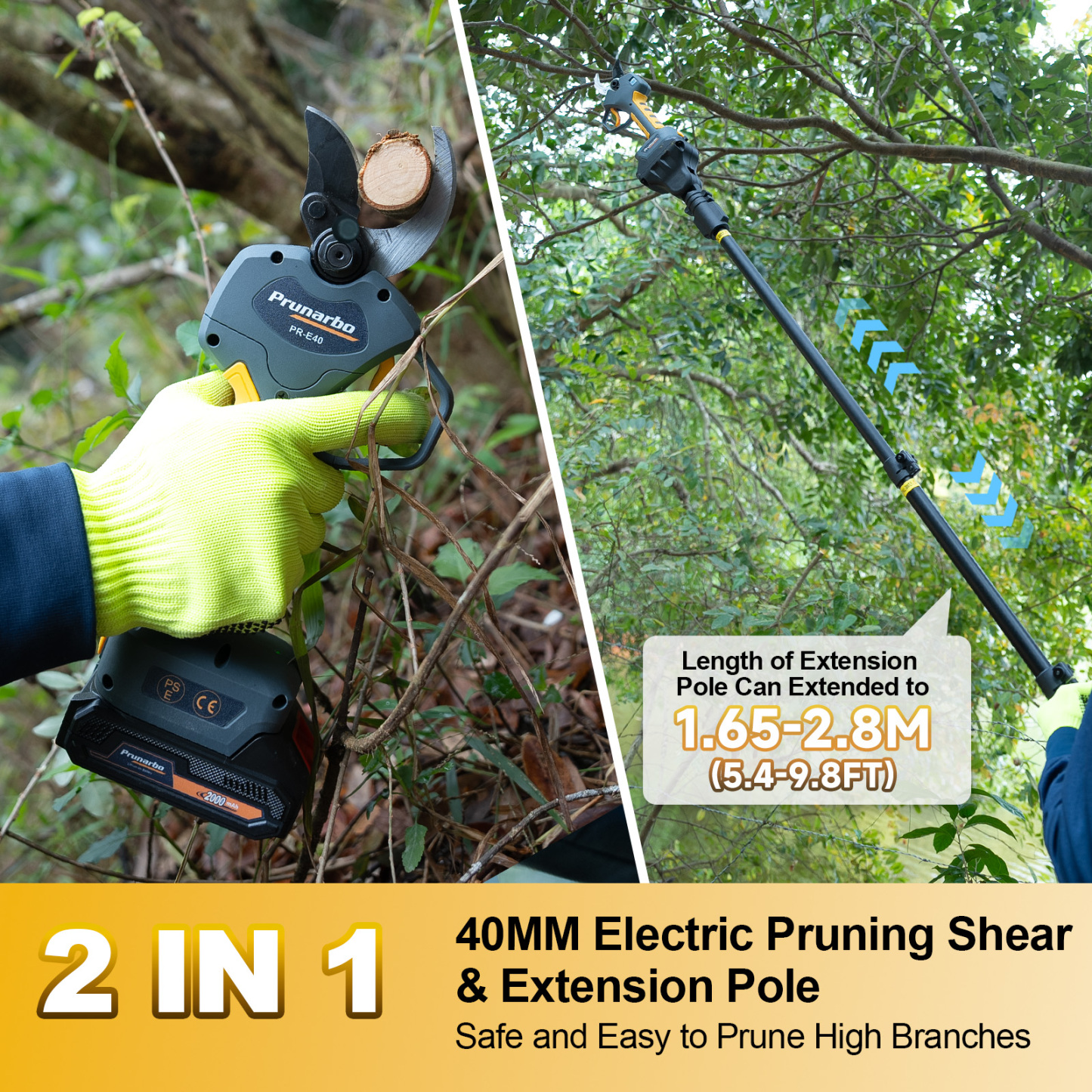 2-in-1 cordless electric pruning shear with 40 mm cutting capacity and telescopic extension pole adjustable from 1.65 m to 2.8 m – ideal for ground-level and high-branch trimming
