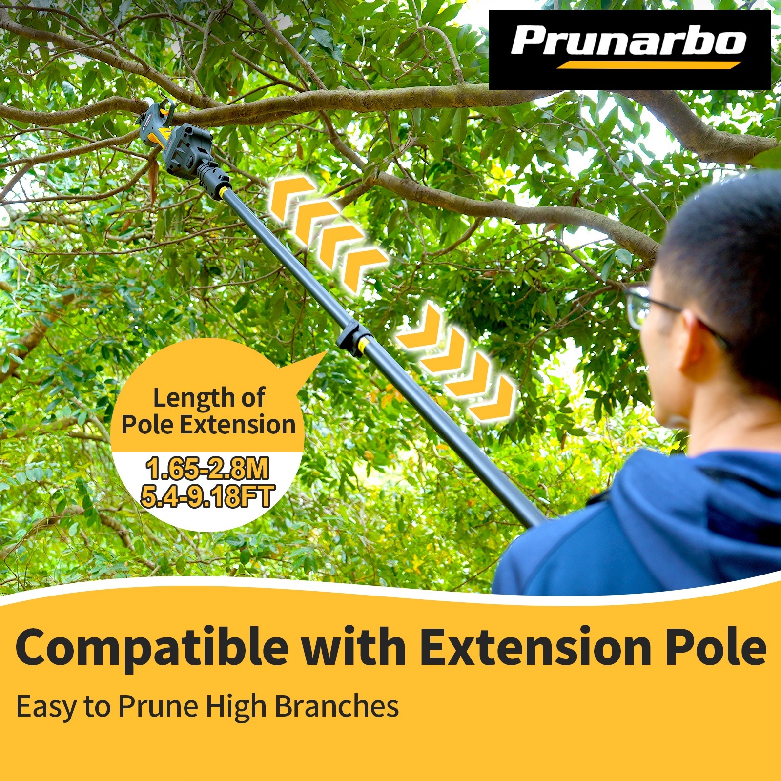 Telescoping pole kit adds 3 m reach to your battery pruner – lightweight aluminum, quick-attach design for overhead trimming