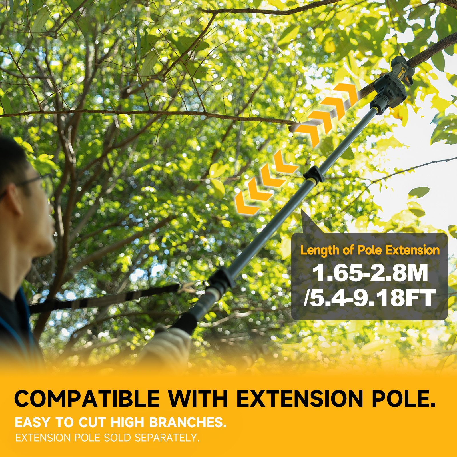 Man using a telescopic extension pole with pruning shears to cut high branches; pole extends from 1.65m to 2.8m (5.4ft to 9.18ft)