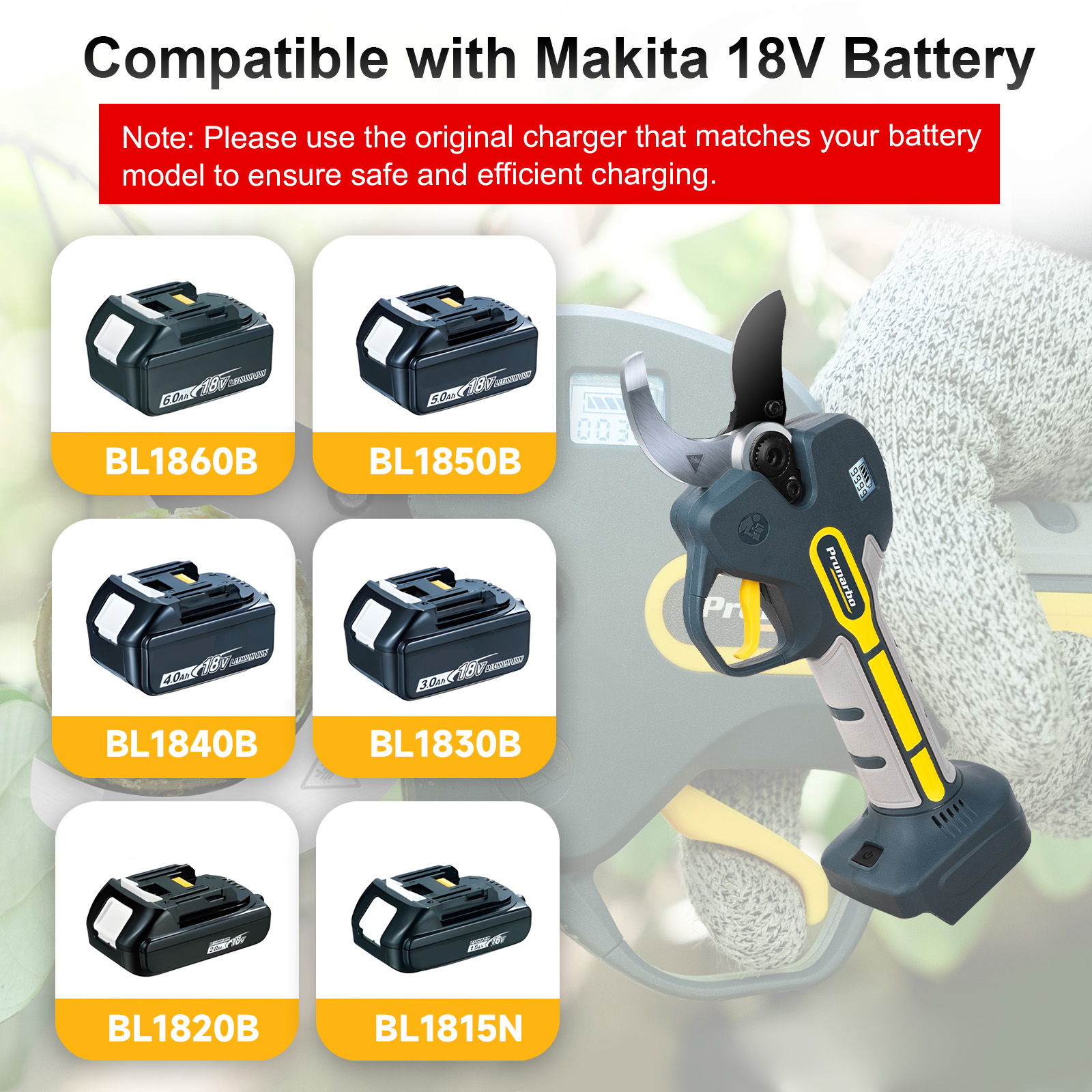 Compatibility of cordless shears with various Makita 18V batteries, enhancing versatility for gardening tasks.