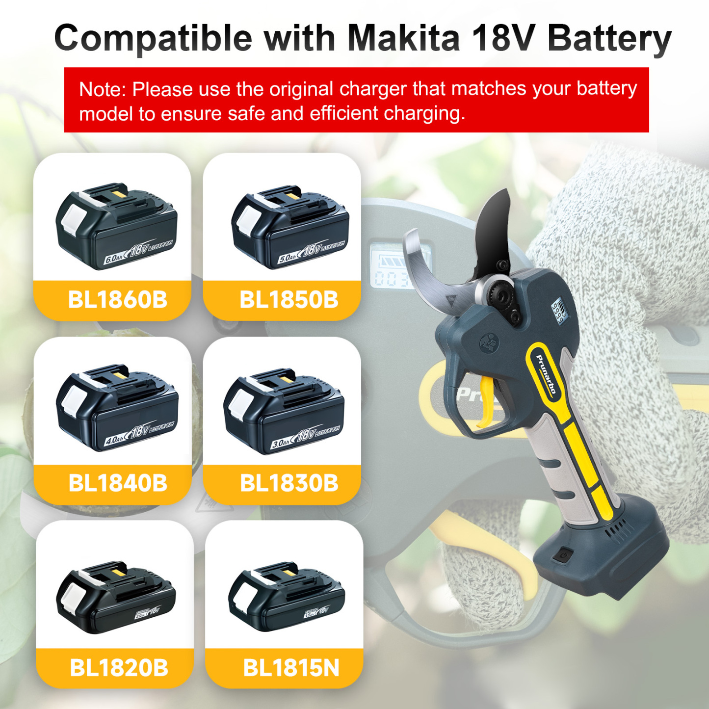Compatibility of cordless shears with various Makita 18V batteries, enhancing versatility for gardening tasks.