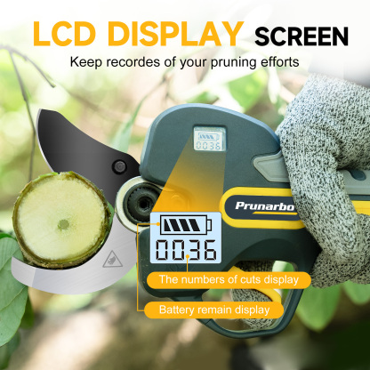 Digital LCD screen on shears displaying cut count and battery status, providing practical feedback for garden maintenance.