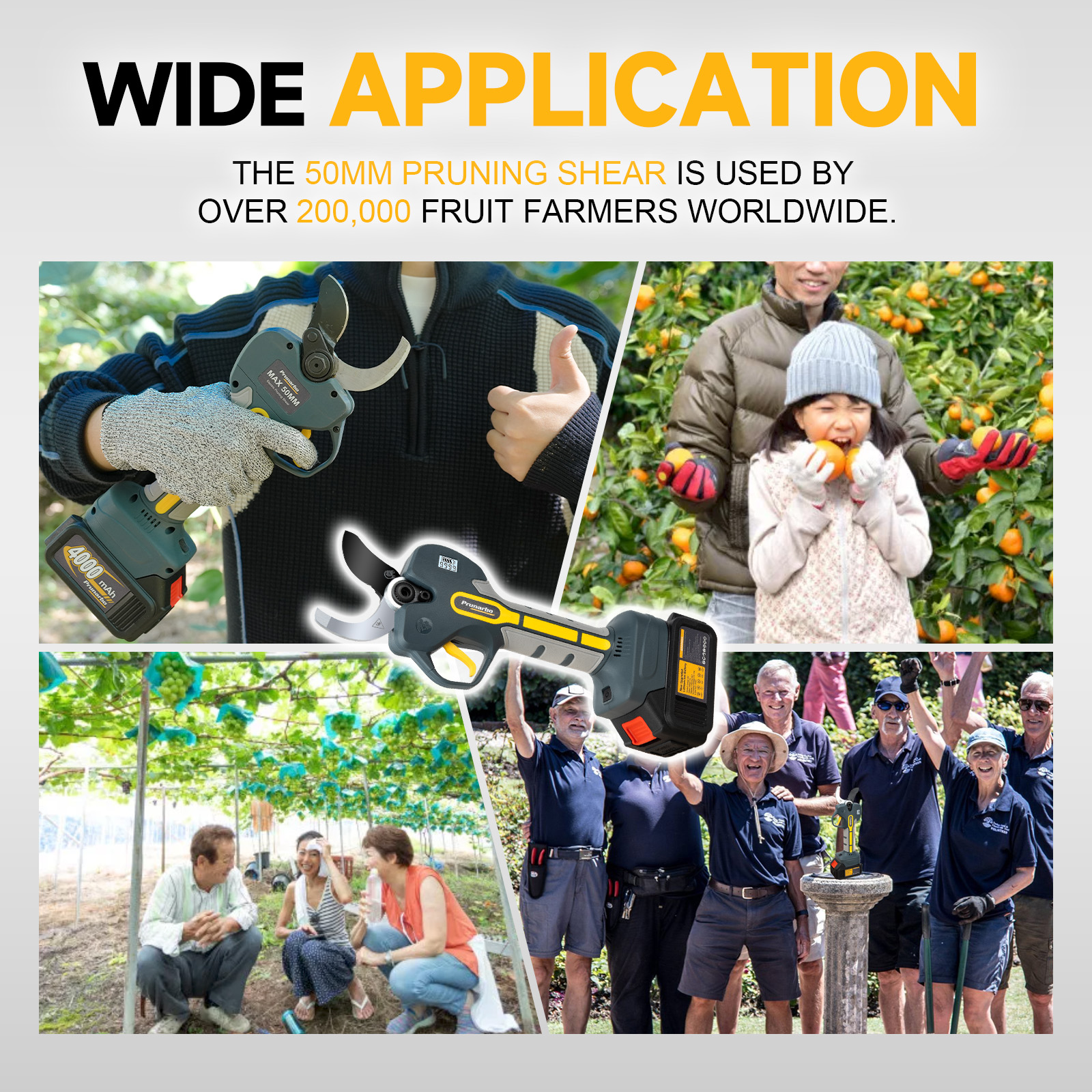Collage showcasing the wide application of the 50mm pruning shear, used by over 200,000 fruit farmers globally, with images of the shears in use, farmers harvesting fruit, and a group of satisfied users endorsing the product.