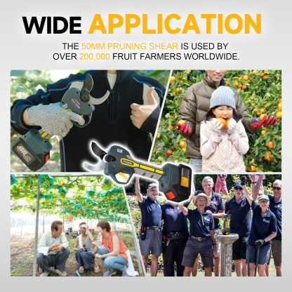 Collage showcasing the wide application of the 50mm pruning shear, used by over 200,000 fruit farmers globally, with images of the shears in use, farmers harvesting fruit, and a group of satisfied users endorsing the product.